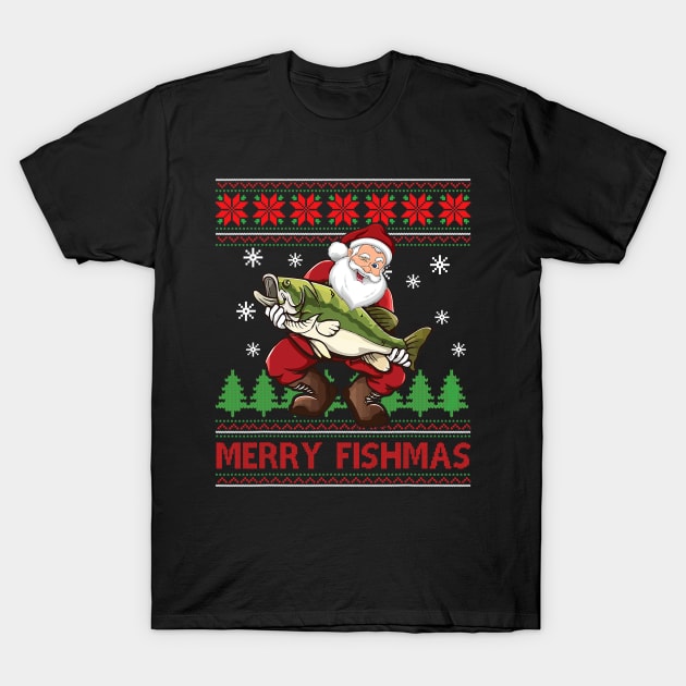 Merry Fishmas Santa Fishing Ugly Christmas T-Shirt by kasperek